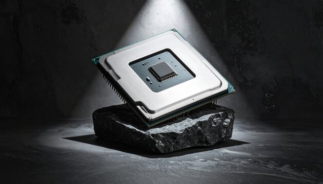 Computer processor on rock, illuminated by spotlight, close-up.