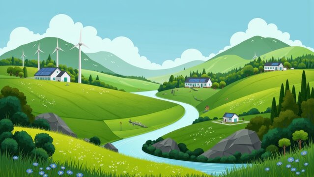 Idyllic green valley landscape with winding river and wind turbines - Powered by Adobe