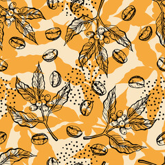 Seamless yellow pattern with coffee tree branches with leaves and beans. Coffee grains in graphic style hand drawn. Vector illustration.