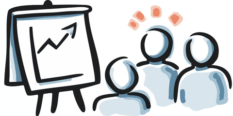 a cartoon drawing of three people standing in front of a whiteboard with an arrow pointing towards it