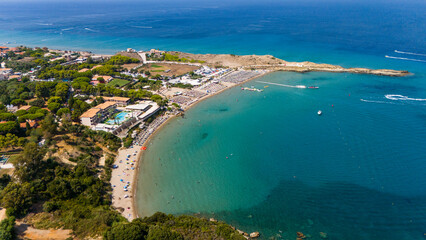 Obraz premium St Nicholas Beach Zakynthos Greece aerial panoramic view of sandy bay with turquoise water sunbeds umbrellas and seaside resorts
