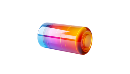 Transparent cylindrical battery, partially charged, showcasing vibrant internal gradient of orange, yellow, and purple energy