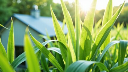 Obraz premium Sunlit corn stalks in front of a rustic house in a rural setting
