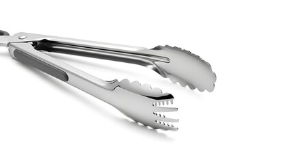 A pair of stainless steel kitchen tongs with serrated edges and a comfortable grip, isolated on a white background.