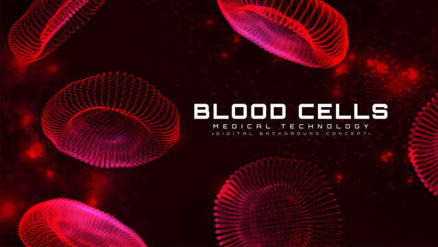 Red blood cells glow motion in dark capillary red background. Abstract hematology wave medical technology scene, Vector illustration.