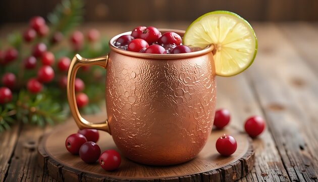 a Cranberry Moscow Mule with a lime wedge,fresh cranberries,served in a classic, frosted copper mug.The mug is on a rustic wooden surface with a soft background of pine needles,small red berries.