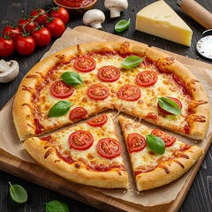 Delicious homemade pizza margherita with fresh tomatoes, mozzarella, and basil leaves on a wooden board, served with tomato sauce and cheese