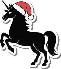 Christmas unicorn with Santa hat silhouette vector