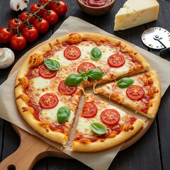 Delicious homemade pizza margherita with fresh tomatoes, mozzarella, and basil leaves on a wooden board, served with tomato sauce and cheese
