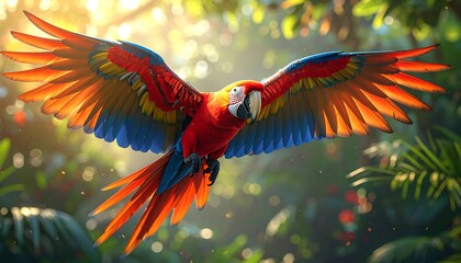 Colorful parrot in flight through vibrant jungle