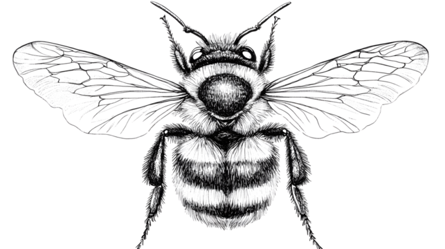 A long-bodied bumblebee, its body oriented to the right of the image, facing forward. A series of minimalist line drawings, focusing on form and silhouette