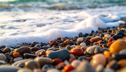 Close-up beach stones and waves