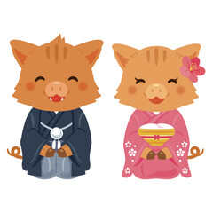 晴れ姿で笑顔な亥年のキャラクター　男女／	Smiling boar zodiac characters wearing kimonos, Male and female