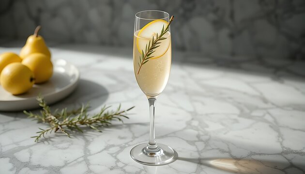 Rosemary Pear Bellini with a sprig of fresh rosemary,a thin pear slice floating at the top of a champagne flute.The glass is placed on a simple, elegant marble surface with a soft light source creatin