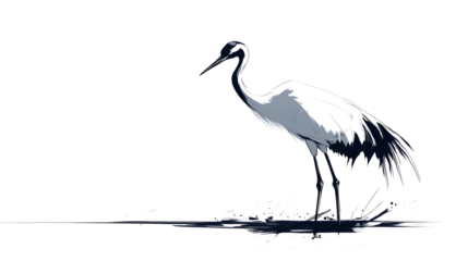 A long-bodied crane, its body oriented to the right of the image, facing forward. A series of minimalist line drawings, focusing on form and silhouette. isolated on a white background