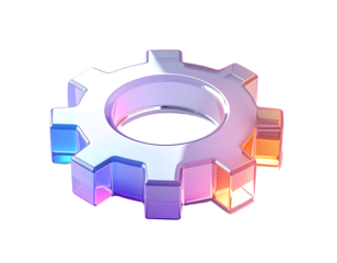 A translucent, pastel-colored gear, rendered in 3D, with softly illuminated edges and a central hole
