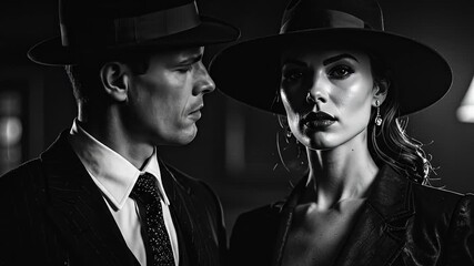 A captivating monochrome portrait of a sophisticated couple exuding vintage allure and mysterious elegance, reminiscent of classic film noir cinema with their sharp attire and intense gazes