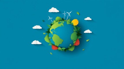 Fototapeta premium carbon,neutral,concept Colorful illustration of Earth surrounded by greenery, clouds, and renewable energy symbols.