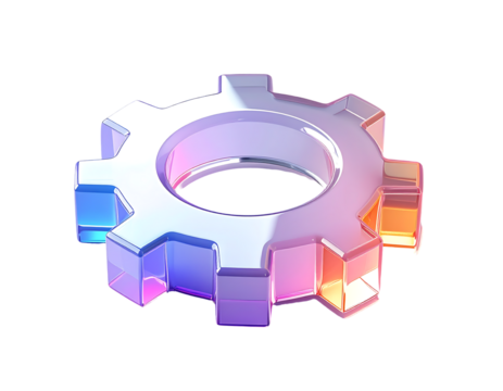 A translucent, pastel-colored gear, rendered in 3D, with softly illuminated edges and a central hole