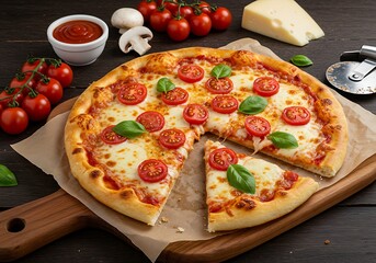 Delicious margherita pizza with fresh tomatoes, mozzarella, and basil leaves, served on a wooden board with ingredients like cheese and mushrooms