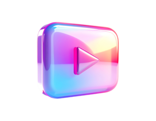 A vibrant, glossy, square play button icon with a holographic, iridescent finish, displaying a gradient of pink, purple, and blue hues