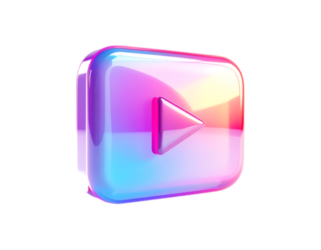 A vibrant, glossy, square play button icon with a holographic, iridescent finish, displaying a gradient of pink, purple, and blue hues