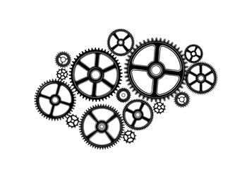 Black and white illustration of interlocking gears isolated on white background