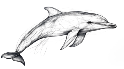 A long-bodied dolphin, its body oriented to the right of the image, facing forward. A series of minimalist line drawings, focusing on form and silhouette. isolated on a white background