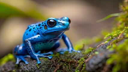 Fototapeta premium Blue poison dart frog perched on a mossy log in a lush rainforest setting during daylight