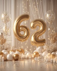 Elegant Celebration Setup with Golden Balloons and Soft Lighting