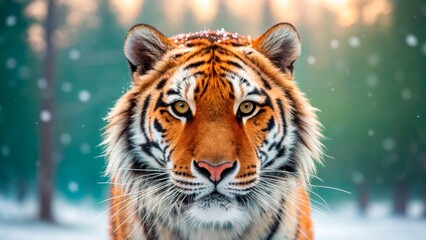 Fototapeta premium Majestic tiger stands in the snow surrounded by trees at sunrise, showcasing its powerful presence and striking fur patterns