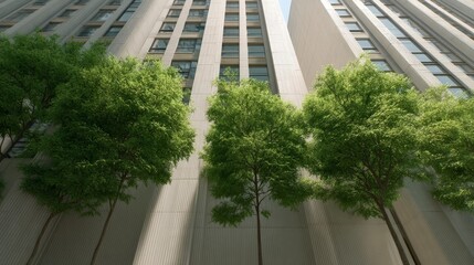carbon,neutral,concept Modern architecture with trees in the foreground, showcasing a blend of nature and urban design.