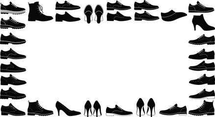 A frame of various black shoe silhouettes on a white background editable stock