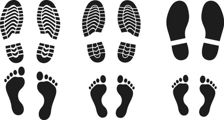 Illustration of footprints and shoe prints in black and white editable stock
