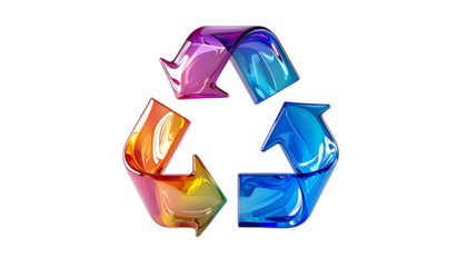 A vibrant, three-arrow recycling symbol rendered in glossy, iridescent colors against a black background