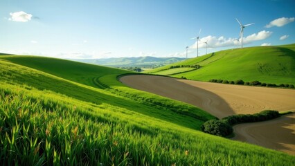 Rolling green hills and cultivated fields under a bright blue sky