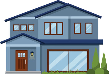 Illustration of a two story house with a brown front door and yard editable stock