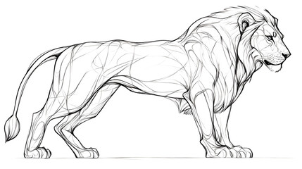 Fototapeta premium A long-bodied lion, its body oriented to the right of the image, facing forward. A series of minimalist line drawings, focusing on form and silhouette