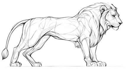 A long-bodied lion, its body oriented to the right of the image, facing forward. A series of minimalist line drawings, focusing on form and silhouette