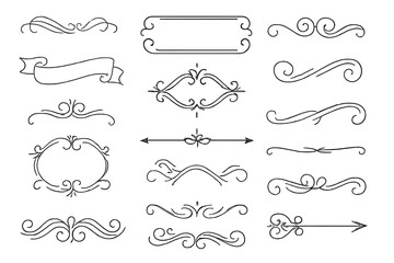 Calligraphic line art collection. Big set of vintage hand drawn design elements. Decorative frames, borders, swirls, dividers, arrows, emblems and elegant ornamental flourishes.
