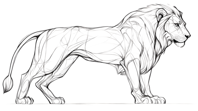 A long-bodied lion, its body oriented to the right of the image, facing forward. A series of minimalist line drawings, focusing on form and silhouette