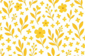 Bright yellow floral seamless pattern with hand-drawn leaves and small flowers, vector botanical background, herbarium style, flat cartoon illustration, nature design
