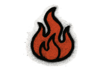 Vintage isolated spray painted graffiti fire flame icon with black overspray effect. Urban street art style flame symbol, hand-drawn sprayed vector illustration for edgy design