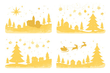 Golden Christmas village silhouettes with pine trees, stars, snowflakes, Santa sleigh and reindeer flying over winter landscape, festive holiday scenes, decorative vector set