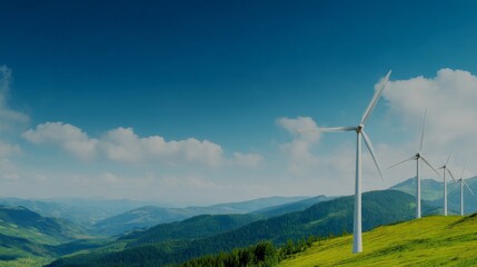 carbon,neutral,concept Wind turbines on a hillside with a clear blue sky and distant mountains.