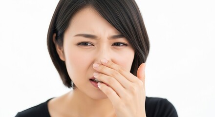 手の匂いを嗅いで臭さに困惑する日本人女性