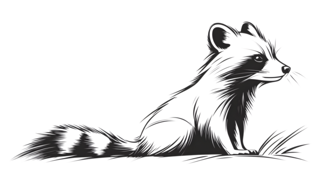 A long-bodied raccoon, its body oriented to the right of the image, facing forward. A series of minimalist line drawings, focusing on form and silhouette. isolated on a white background