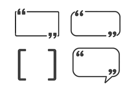 Vector set of quote box frames. Collection includes text brackets, quotation marks, and speech bubble icons. For testimonials, comments, citations, and messages. Template.
