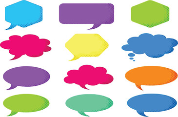Collection of colorful speech bubbles with halftone dot pattern editable stock