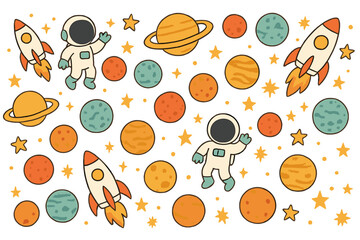 Estores personalizados con tu foto Space seamless pattern background with cute astronaut, rockets, Saturn, planets, and stars in outer space. Hand-drawn flat vector illustration. Cartoon cosmic design for children and space themes